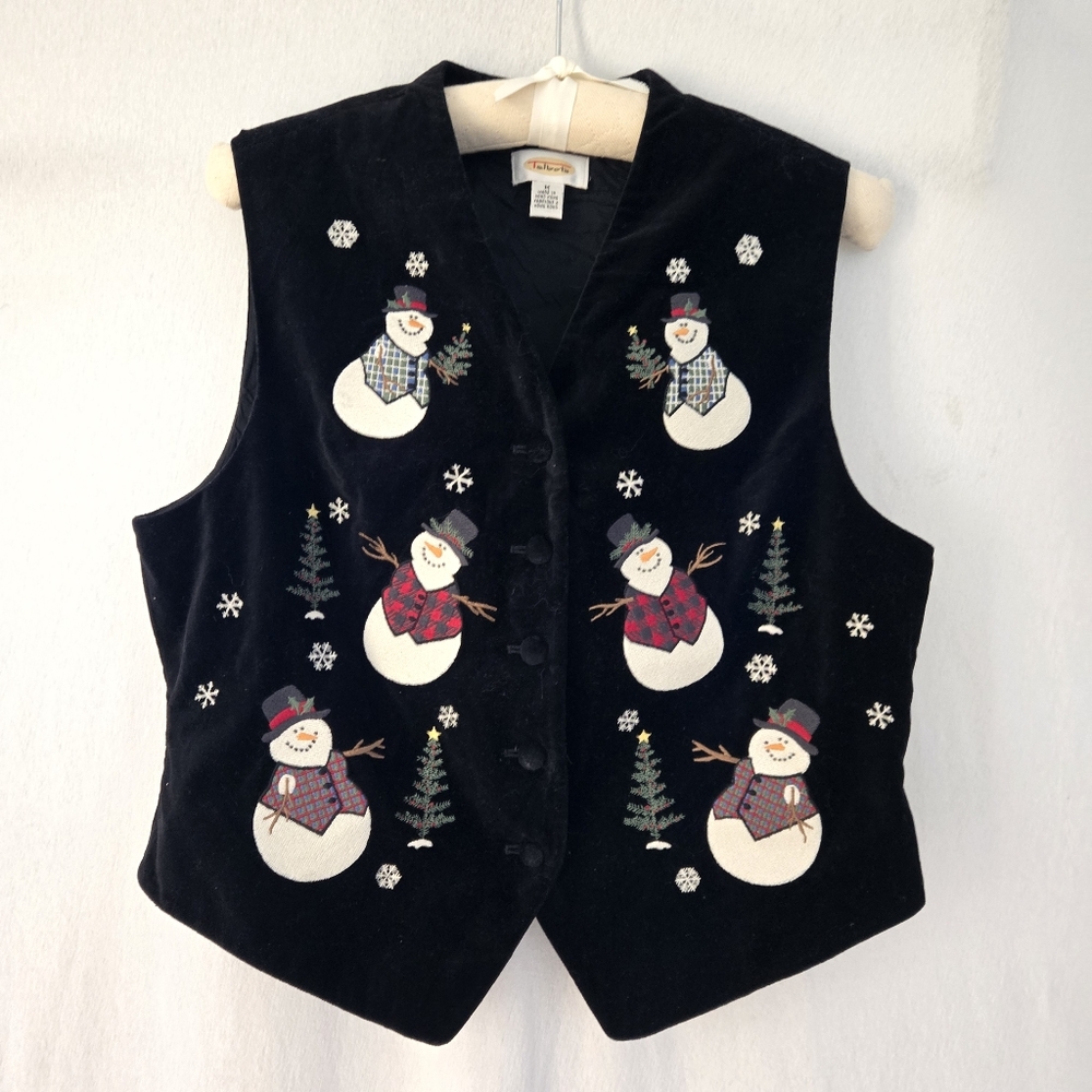 Vintage Talbots black velour Festive Christmas vest with snowmen, snowflakes M